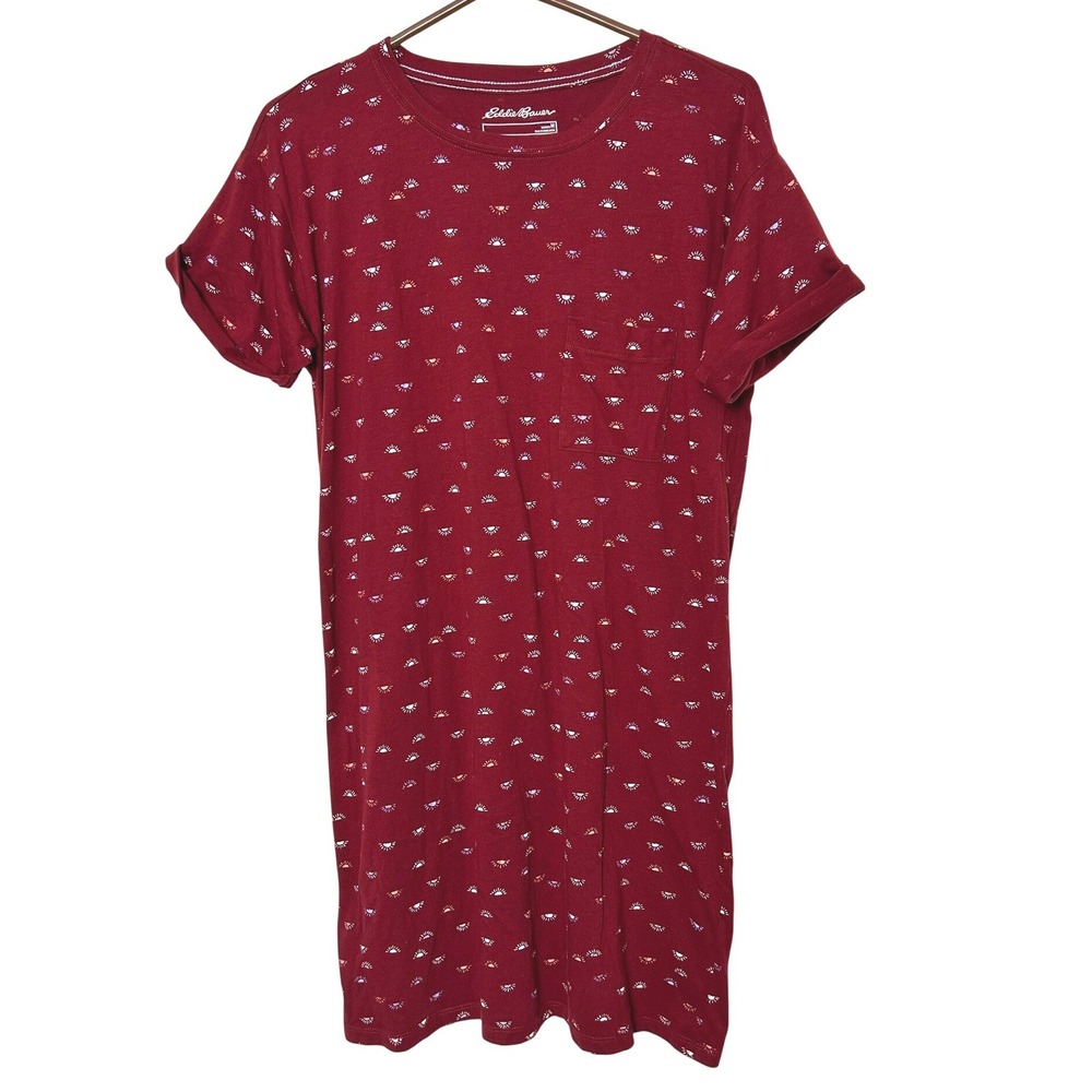 Eddie Bauer T-Shirt Dress Womens M Maroon Sun Print Short Sleeve outdoors Casual